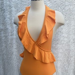 New Orange One Piece Swimsuit front deep V-Neck ruffle open back size Small